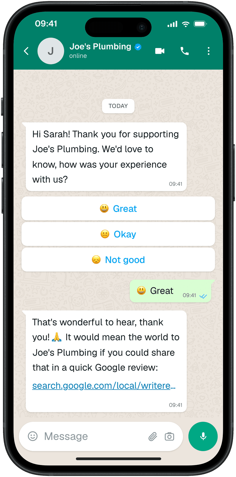 A WhatsApp chat from Joe's Plumbing asking a customer how their experience was, ending with a Google review link